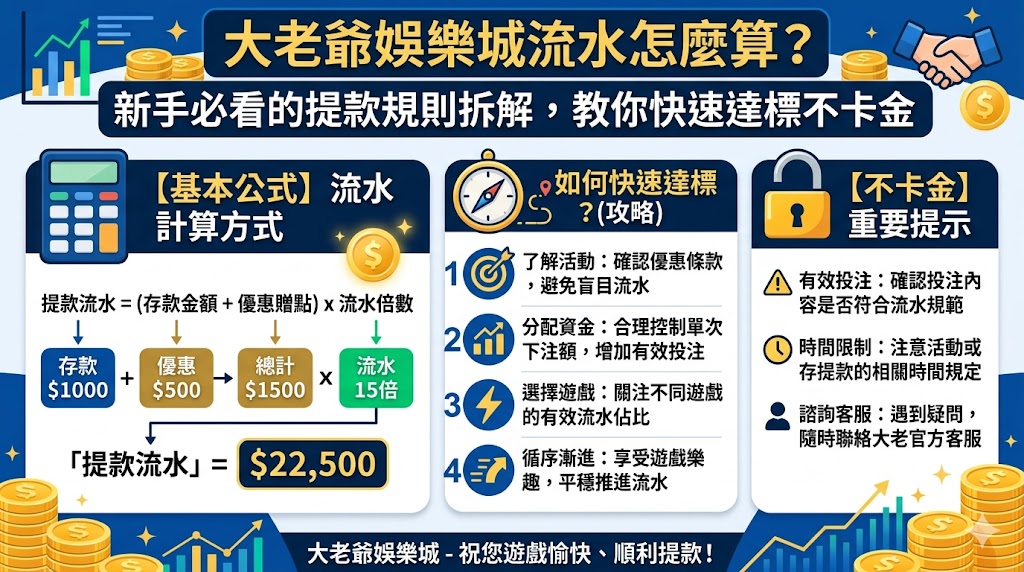 大老爺娛樂城流水怎麼算？新手必看的提款規則拆解，教你快速達標不卡金

